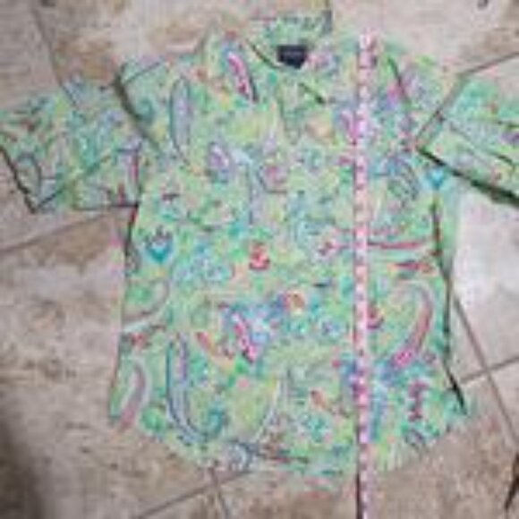Chaps Medium Green Pink Paisley Cotton Button Down Shirt Boho Retro Y2K Preppy - Picture 11 of 11
